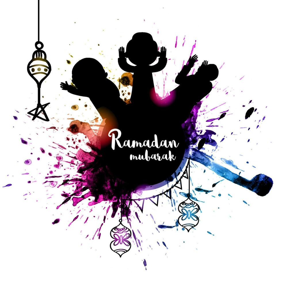 Ramadan Mubarak Font On Abstract Splash Effect Islamic People Background And Hanging Doodle Lanterns. vector