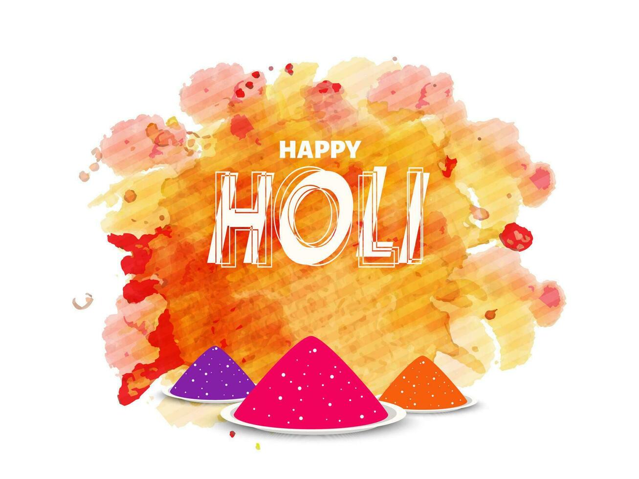 Happy Holi Celebration Concept With Plates Full Of Dry Color And Watercolor Effect On White Background. vector