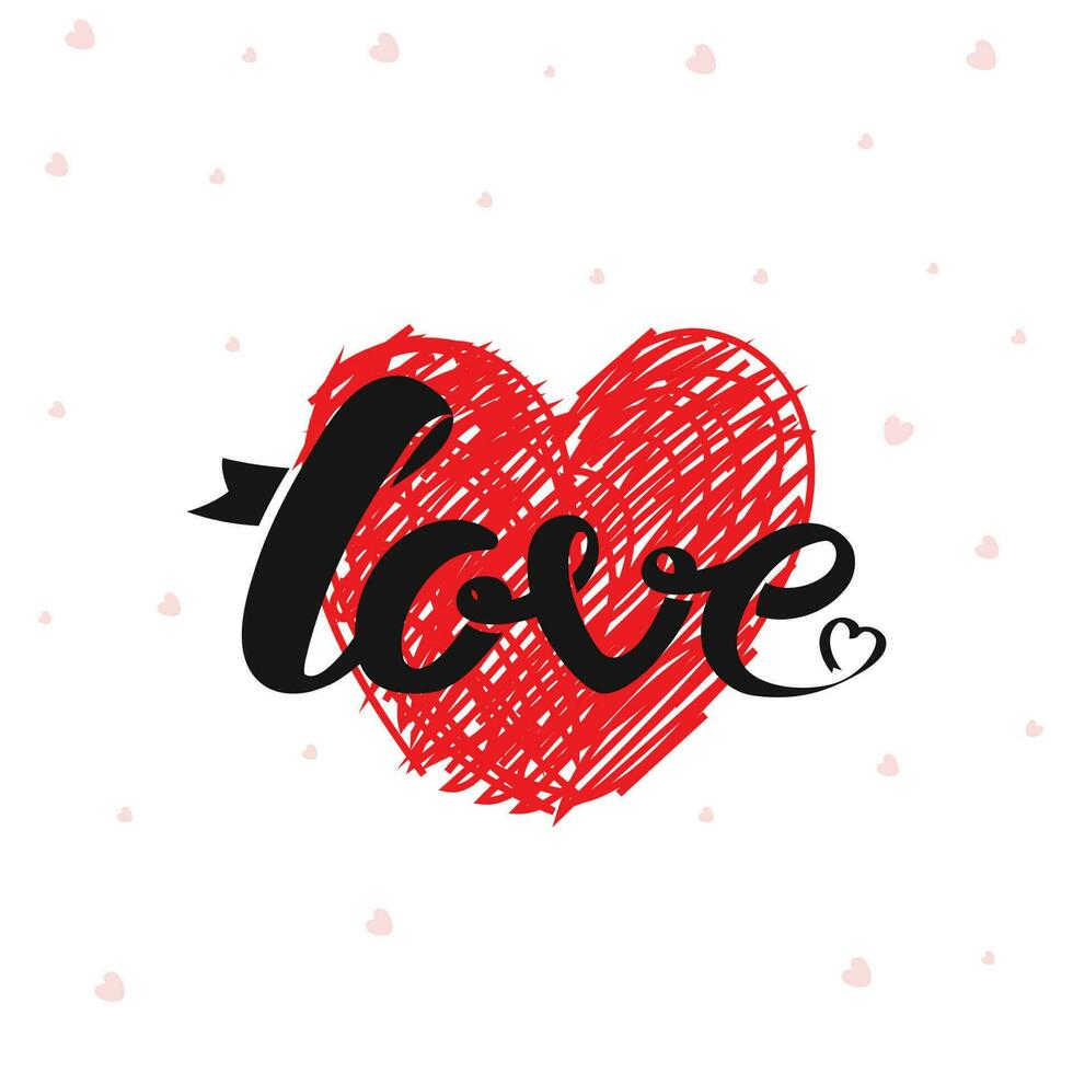 Black Love Font Over Red Scribble Heart On White Background. vector