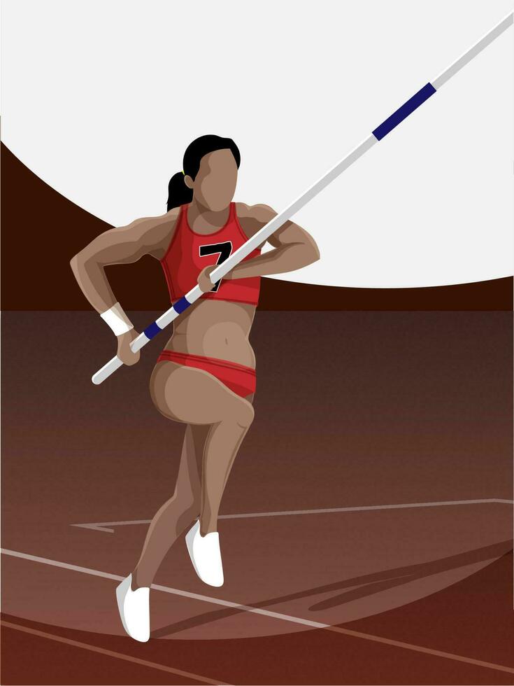 Athlete Woman Running With Pole Vault On Brown And White Background. vector