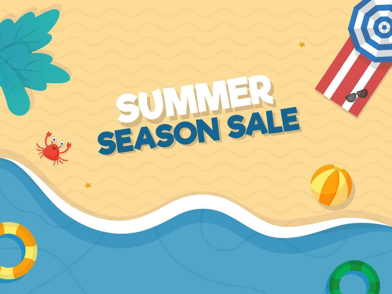 Summer Season Sale Poster Design With Top View Of Beach Background. vector