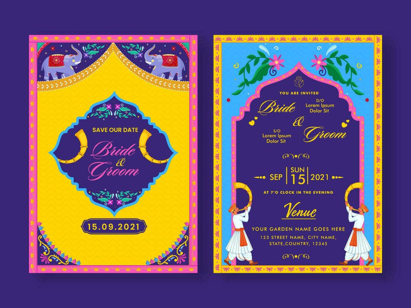 vistoso indio Boda invitación tarjeta en púrpura antecedentes. vector