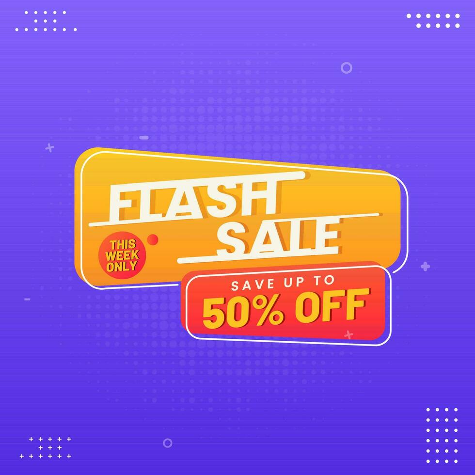 Flash Sale Poster Design With Discount Offer On Purple Halftone Background. vector