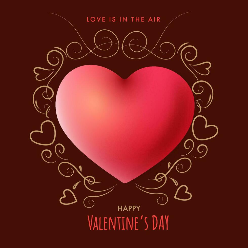 Love Is In The Air Message Text With 3D Red Heart And Golden Flourish On Brown Background For Valentine's Day. vector