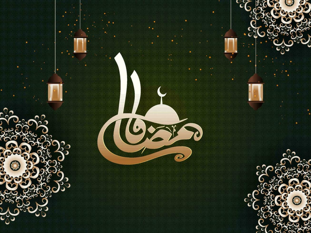Arábica caligrafía de dorado Ramadán kareem con silueta mezquita, linternas colgar y Exquisito mandala modelo en verde ligero efecto antecedentes. vector