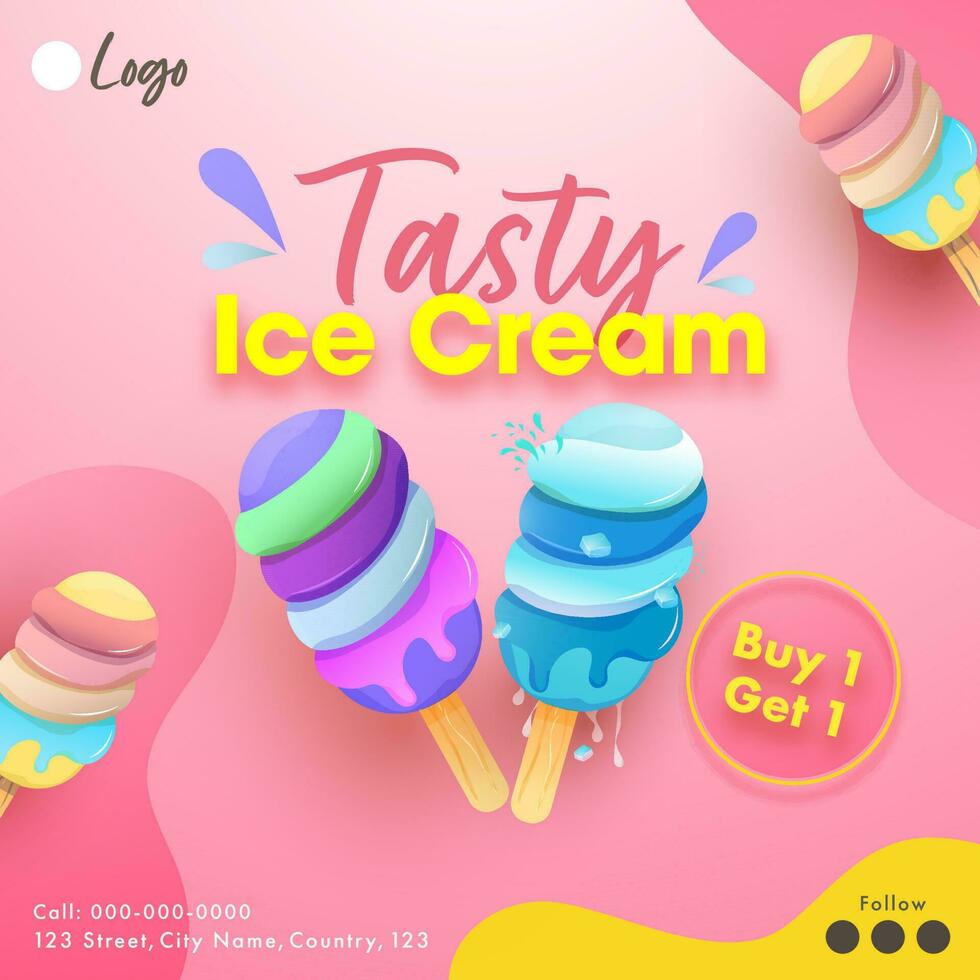 Tasty Ice Cream Poster Design In Pink Color With Buy 1 Get 1 Offer. vector