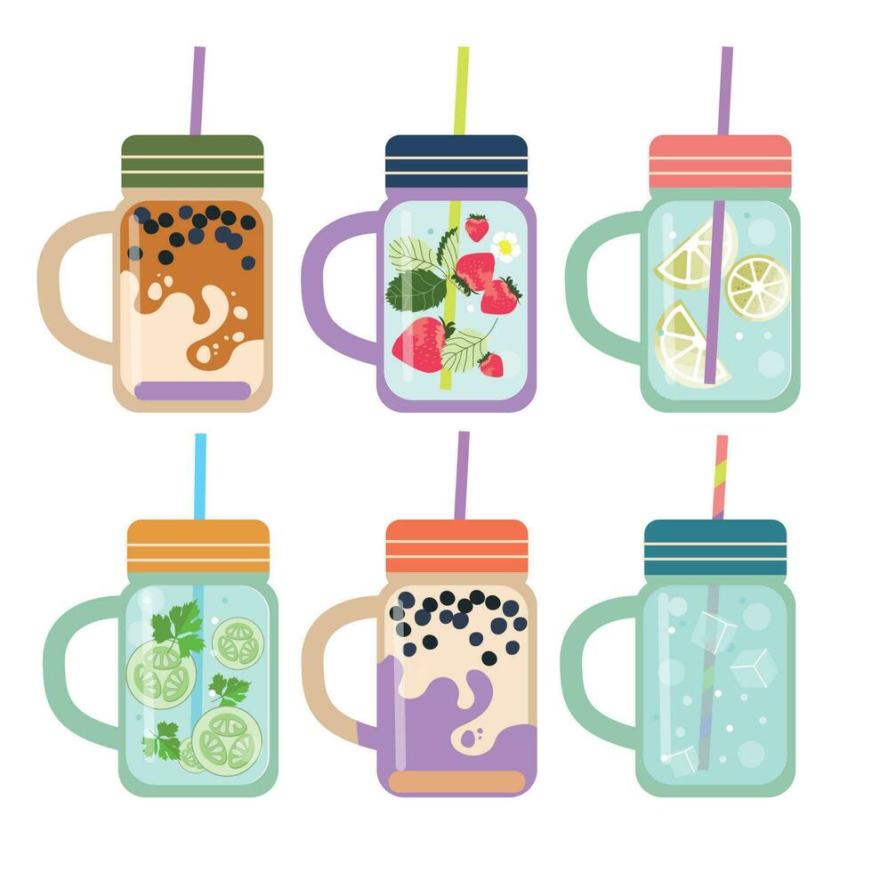 Modern vector illustration set of mason jar. Summer lemonades with fruits lemon, cucumber, strawberry, mint, delicious drinks in glass cups with a straw.
