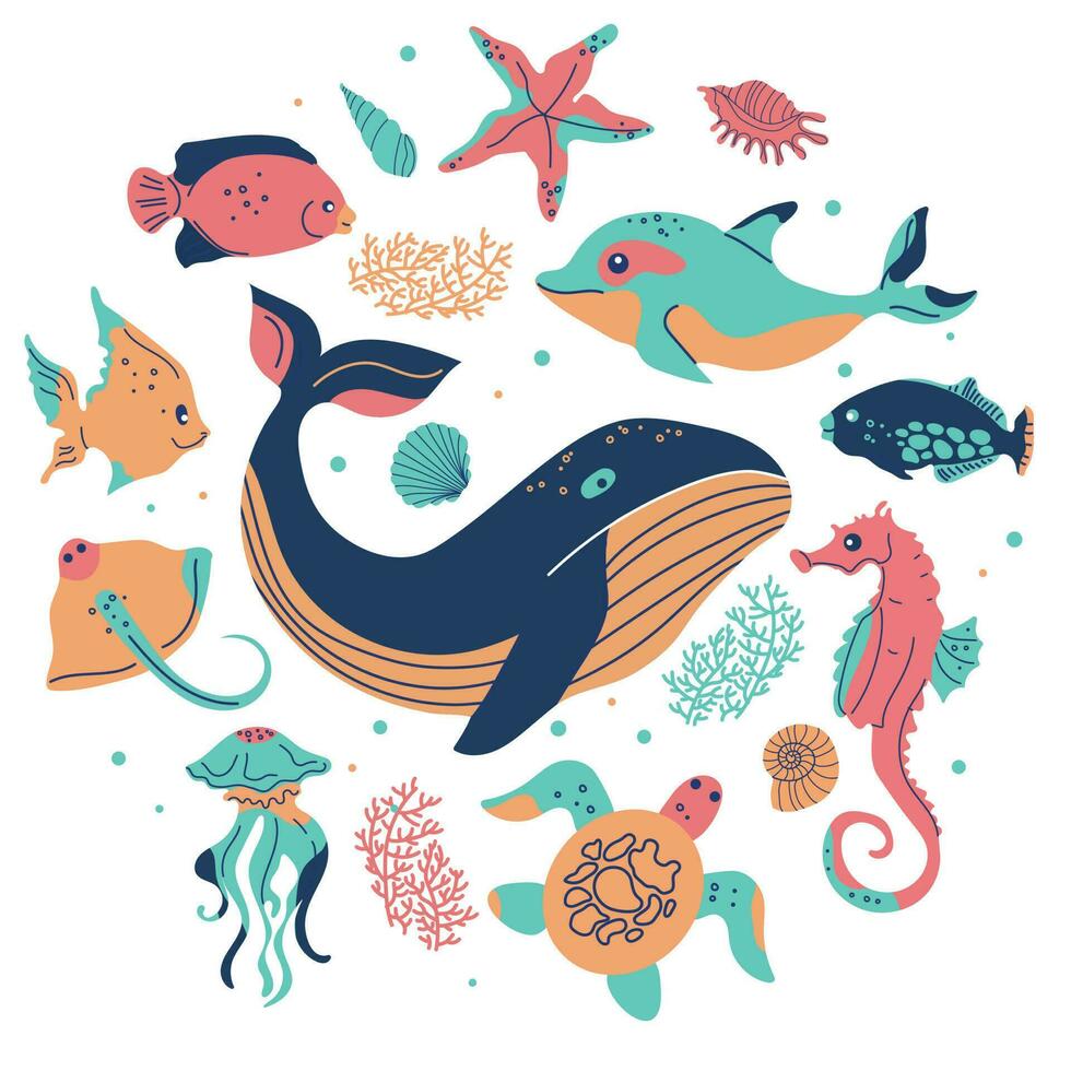 dibujos animados mar animales habitantes de el mar mundo, lindo, gracioso submarino criaturas delfín, caballito de mar, ballena, tortuga, conjunto de medusas de submarino marina vida vector ilustraciones.