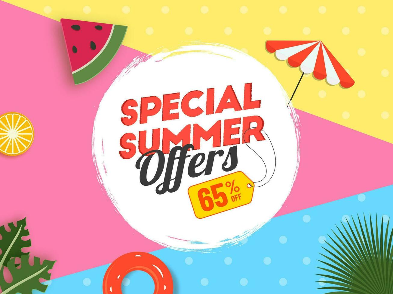 Summer Sale Poster Design With Discount Offer, Fruit Slice, Umbrella, Swimming Pool On Colorful Background. vector
