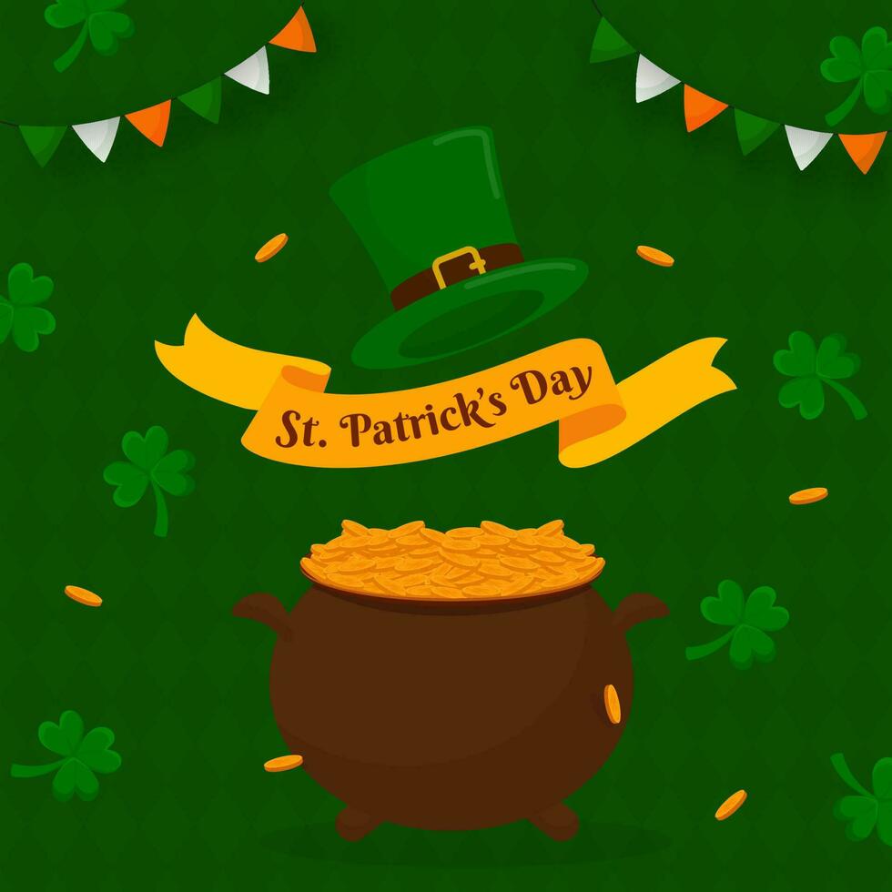 St. Patrick's Day Text Ribbon With Golden Coins Pot, Leprechaun Hat, Shamrock Leaves And Bunting Flags On Green Background. vector