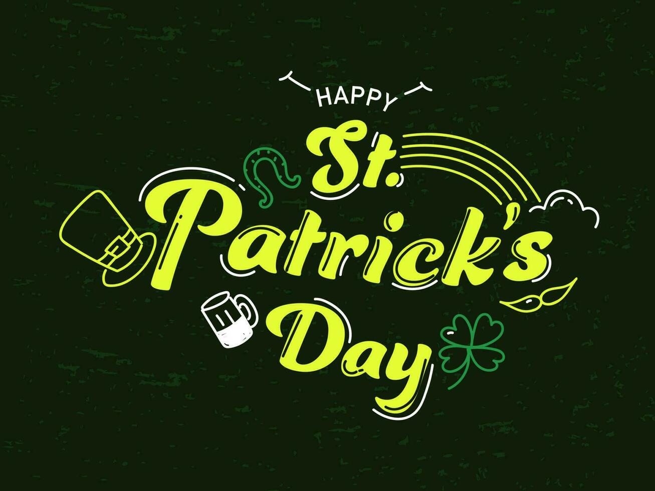 Happy St. Patrick's Day Font With Horseshoe, Leprechaun Hat, Beer Mug And Clover Leaf On Green Grunge Background. vector