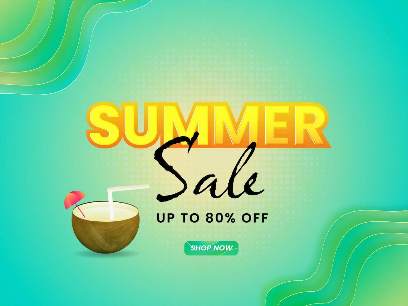 Summer Sale Poster Or Banner Design With Discount Offer And Coconut Drink On Green Gradient Background. vector