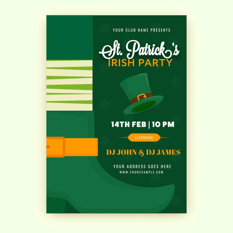 S t. patrick's irlandesa fiesta volantes o invitación tarjeta con evento detalles en verde color. vector