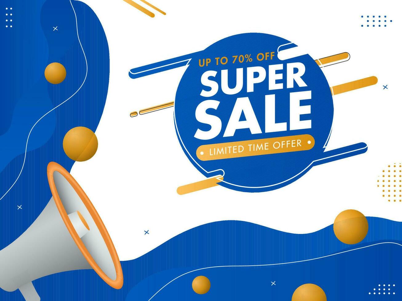 Super Sale Poster Design With Discount Offer, 3D Balls And Loudspeaker On Blue And White Background. vector