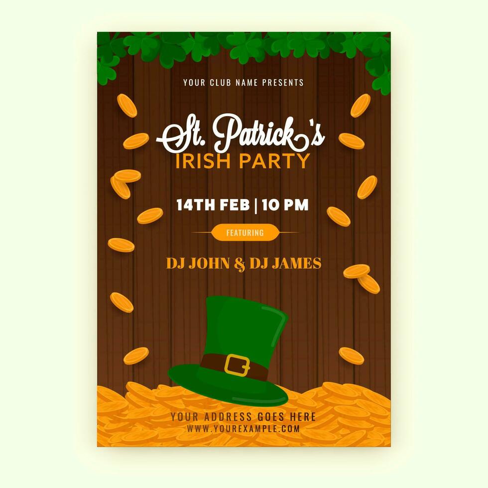 St. Patrick's Irish Party Flyer Design With Leprechaun Hat, Golden Coins And Shamrock Leaves On Brown Wooden Background. vector