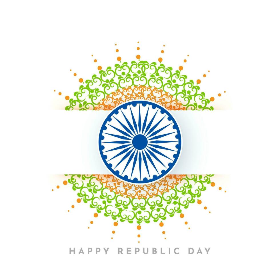 Happy Republic Day Concept With Ashoka Wheel, Decorative Floral Pattern In Tricolor On White Background. vector