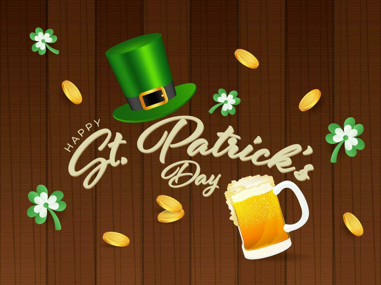 Happy St. Patrick's Day Font With Leprechaun Hat, Beer Mug, Golden Coins And Shamrock Leaves On Brown Wooden Background. vector