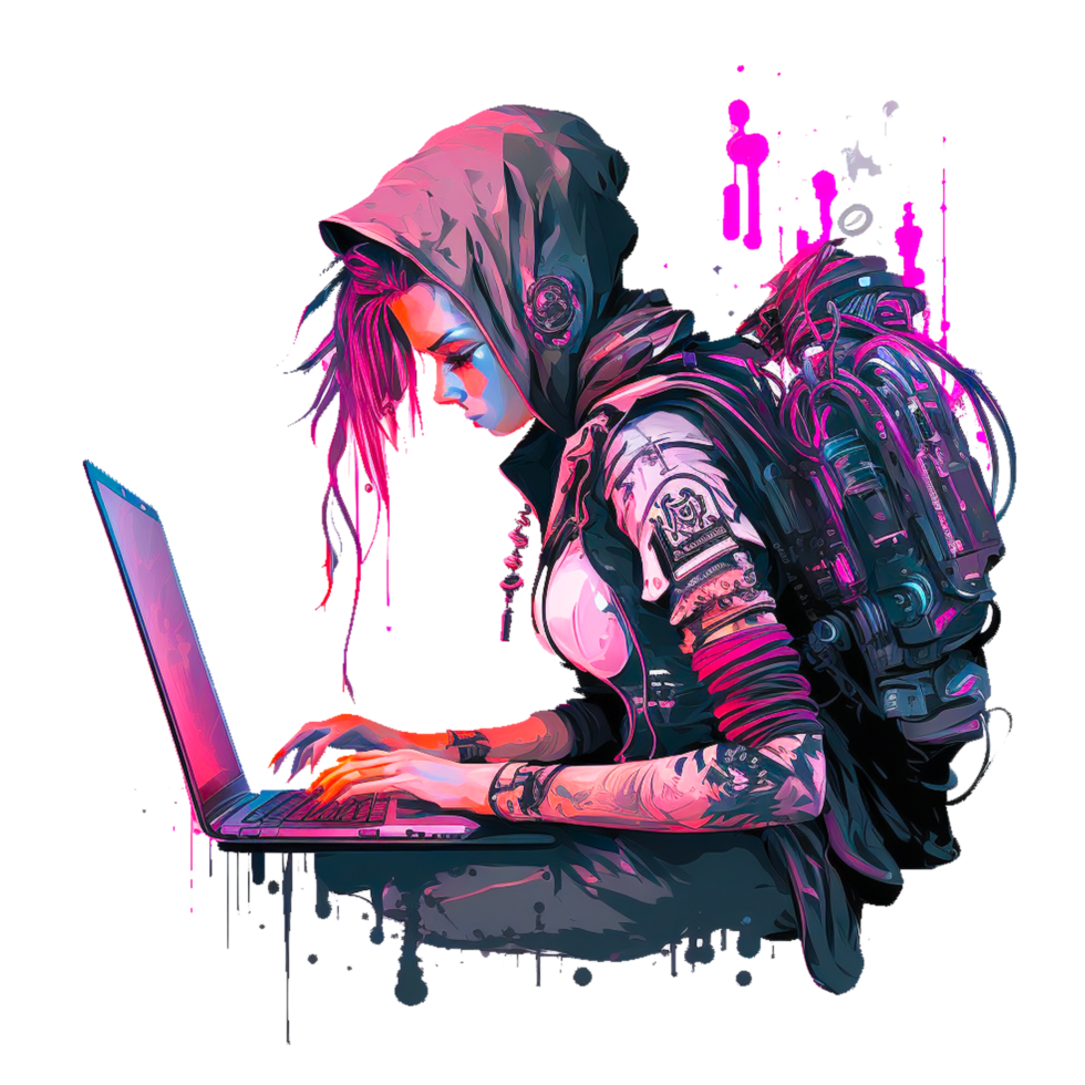 Sute girl hacker with laptop avatar in cartoon style png