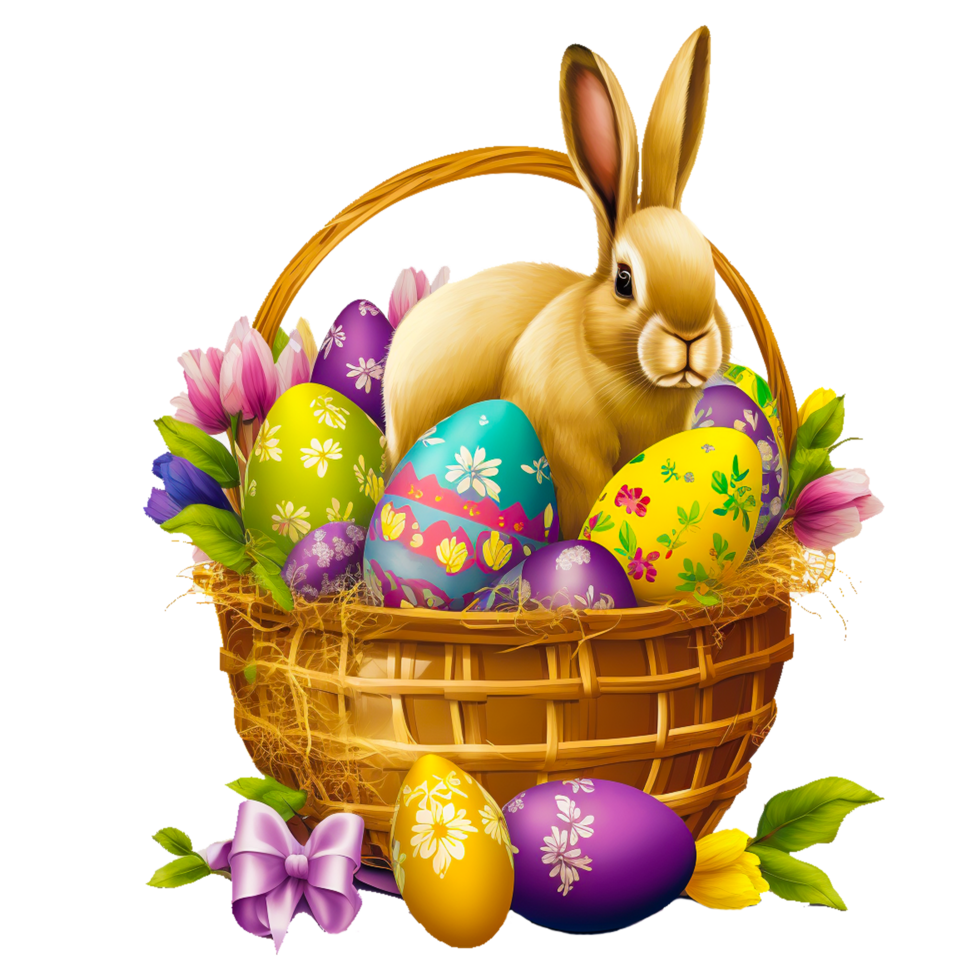 Easter bunny with a painted eggs in the basket with transparent