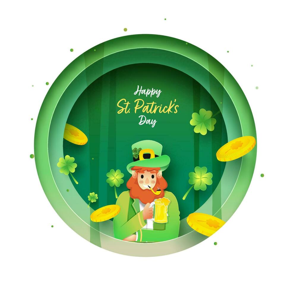 Paper Layer Cut Circle Background With Leprechaun Man Holding Beer Mug, Clover Leaves And Golden Coins For Happy St. Patrick's Day Celebration. vector