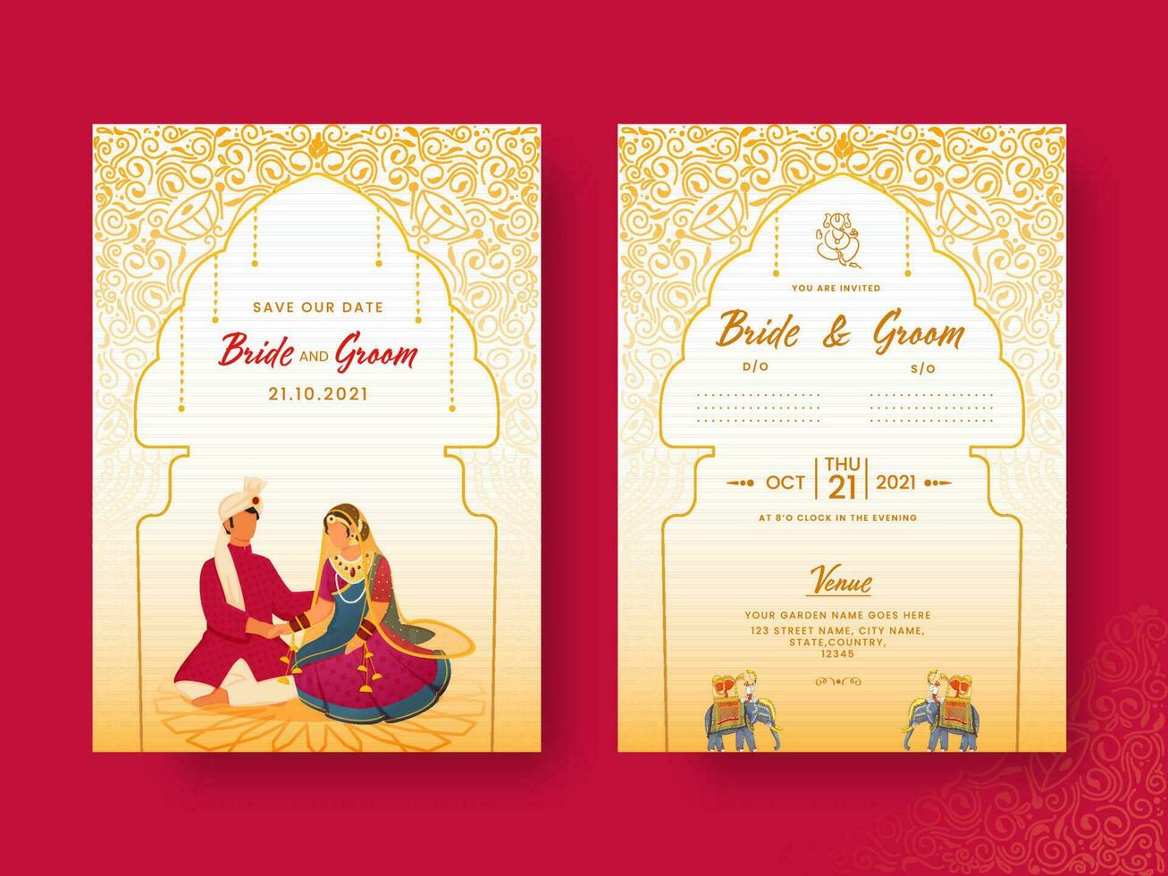 Elegant Wedding Invitation Template Layout With Hindu Bridegroom Character In Front And Back View. vector