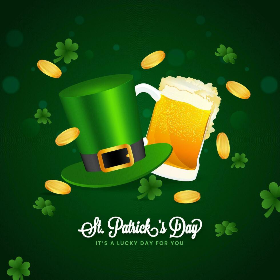 S t. patrick's día póster diseño con duende sombrero, cerveza taza, dorado monedas y trébol hojas decorado en verde antecedentes. vector