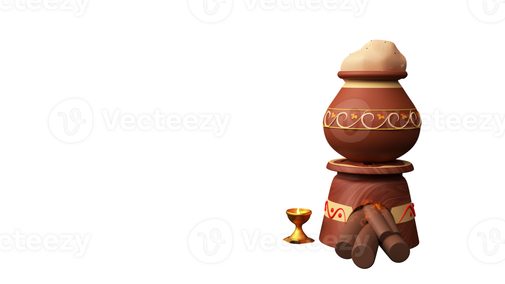 3D Render Of Food Cooking In Clay Pot On Wood Stove With Lit Oil Lamp Element. png