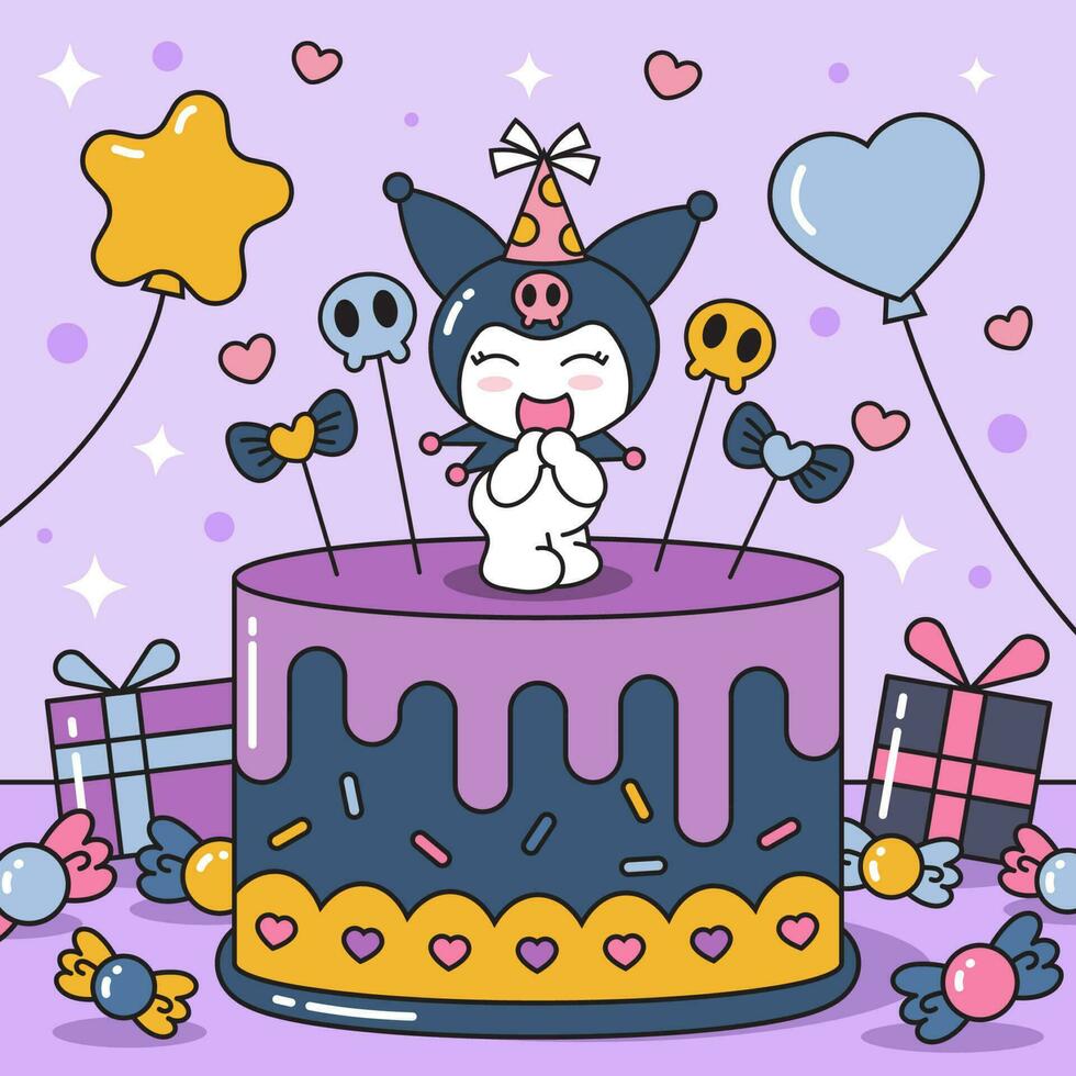 Cute Black Cat with Birthday Cake vector