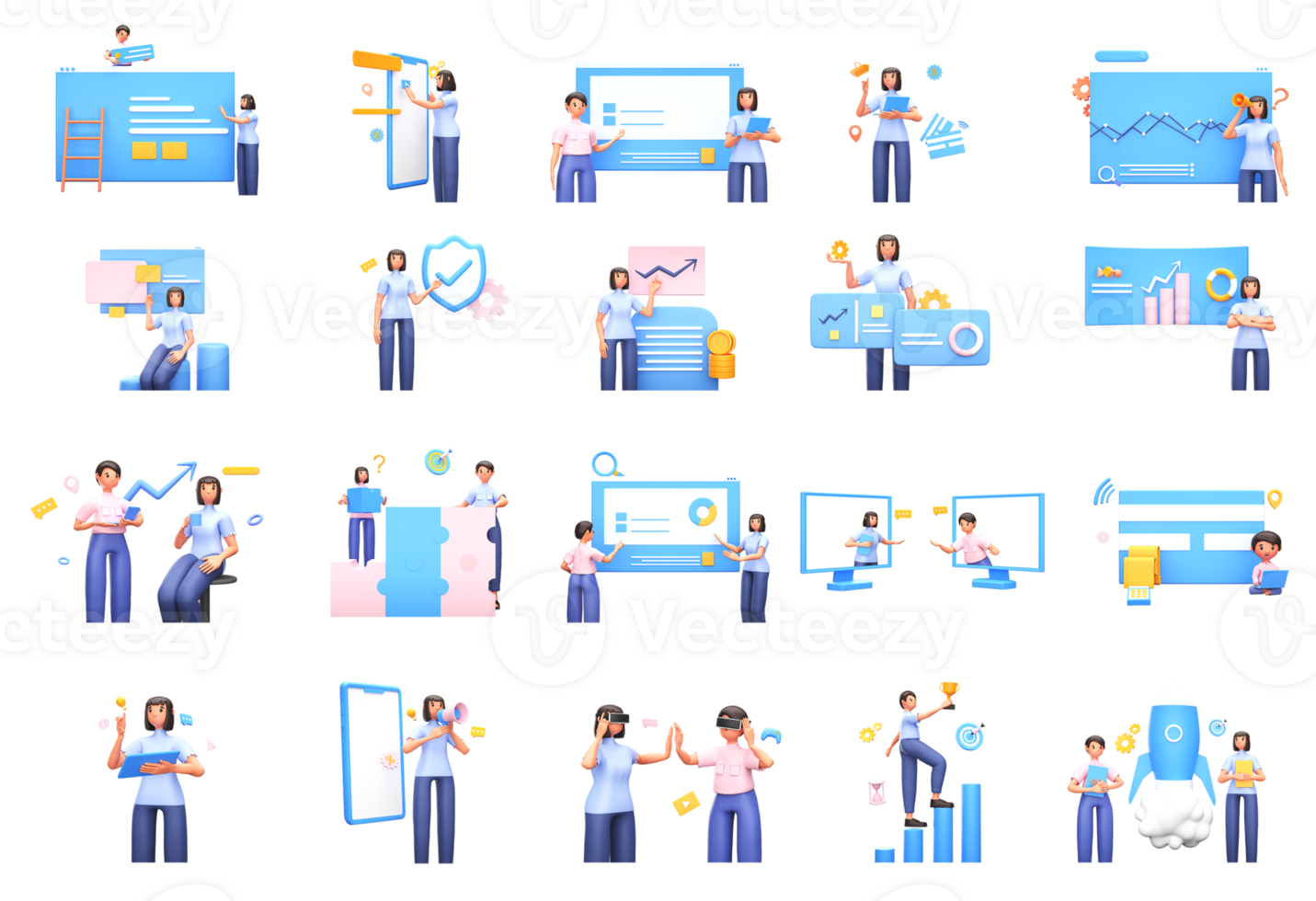 ensemble de 3d affaires gens travail à lieu de travail avec Les données une analyse éléments. png