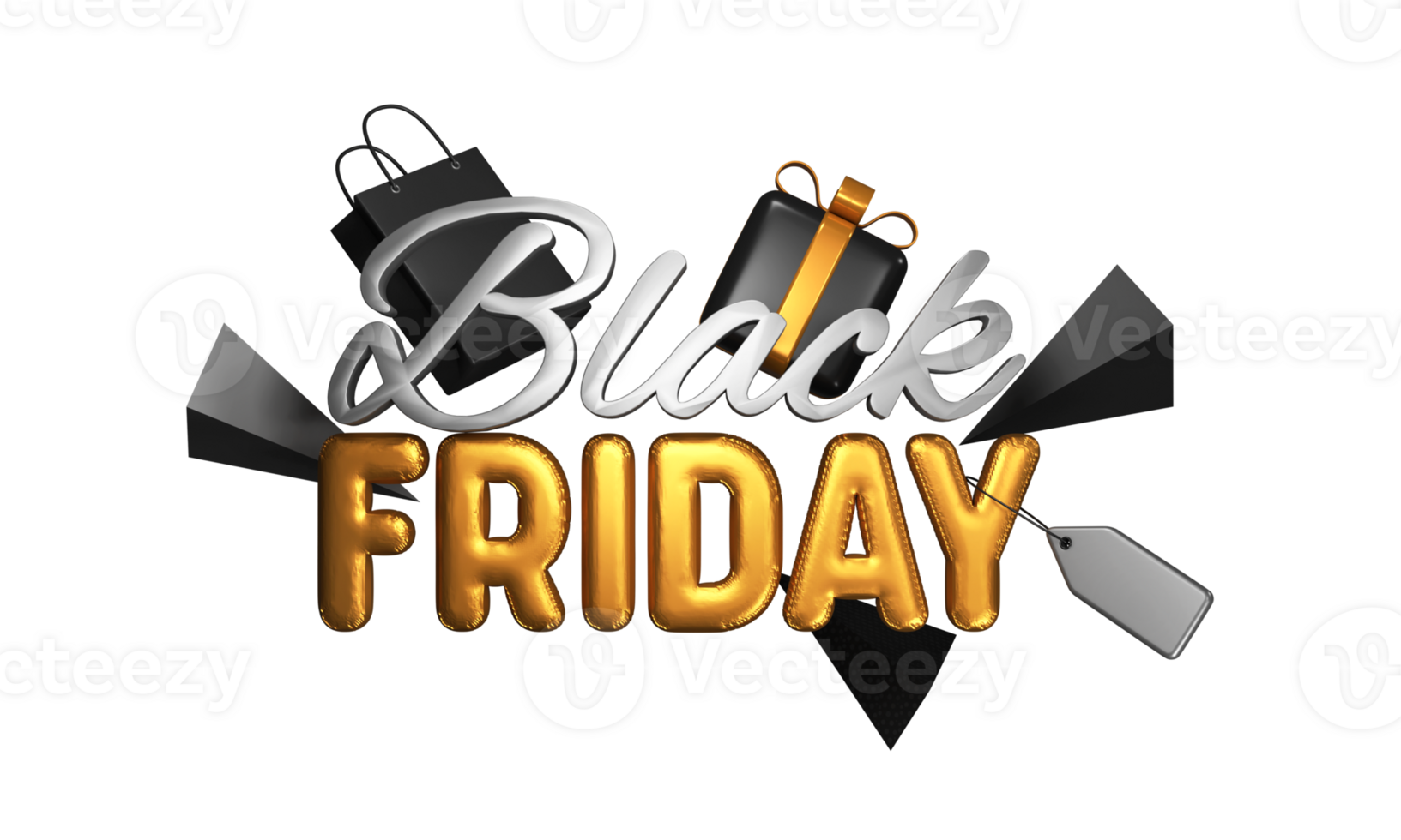 3D Render Of Silver And Golden Black Friday Font With Empty Tag, Gift Box, Shopping Bag, Triangle Element Decorated Background. Advertising Banner Design. png