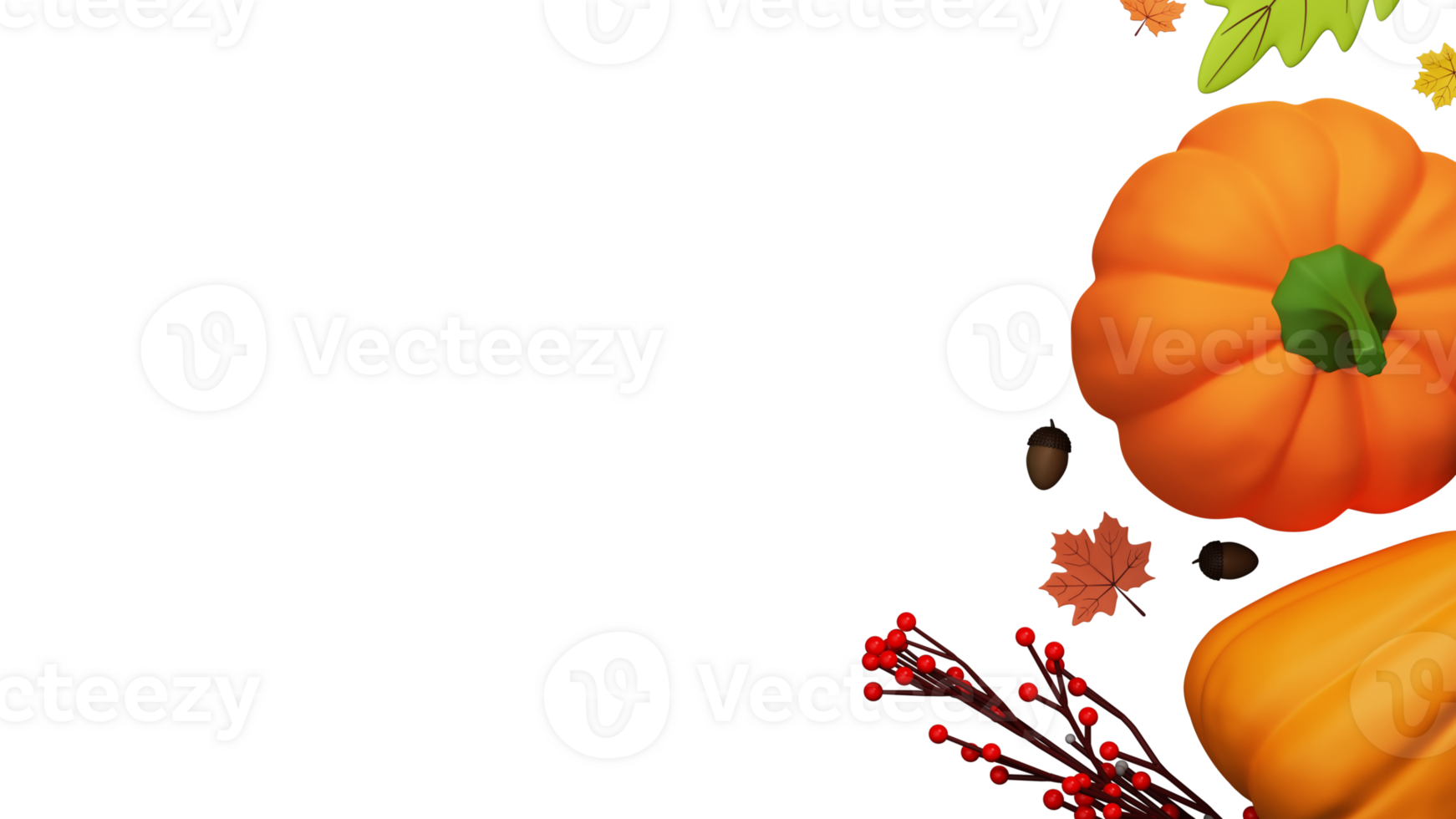 3D Render of Pumpkins with Leaves, Berries, Acorn and Space for Your Message. png