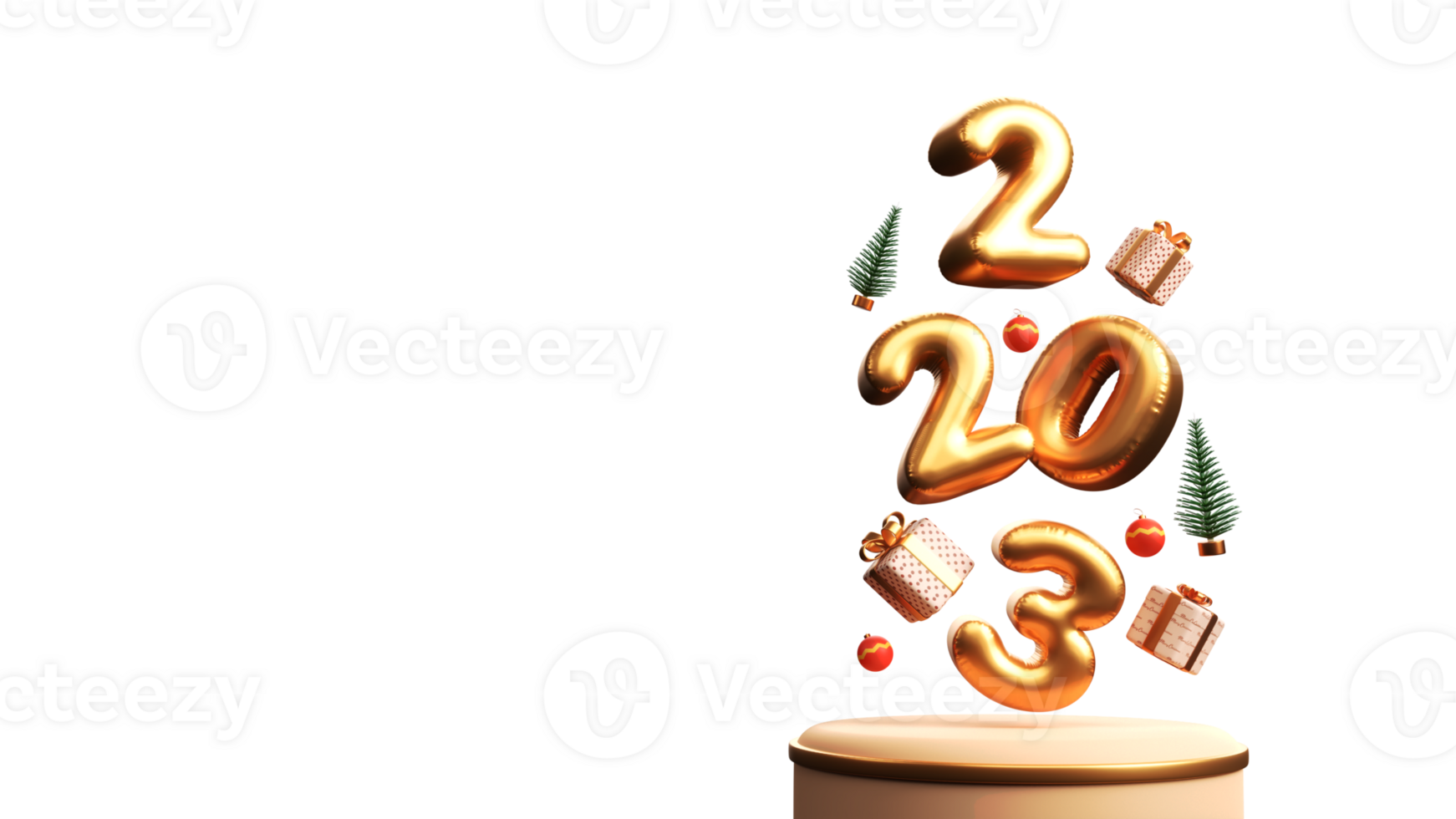 3D Golden Balloon 2023 Number With Xmas Or Spruce Tree, Gift Boxes, Baubles Over Podium Illustration. png