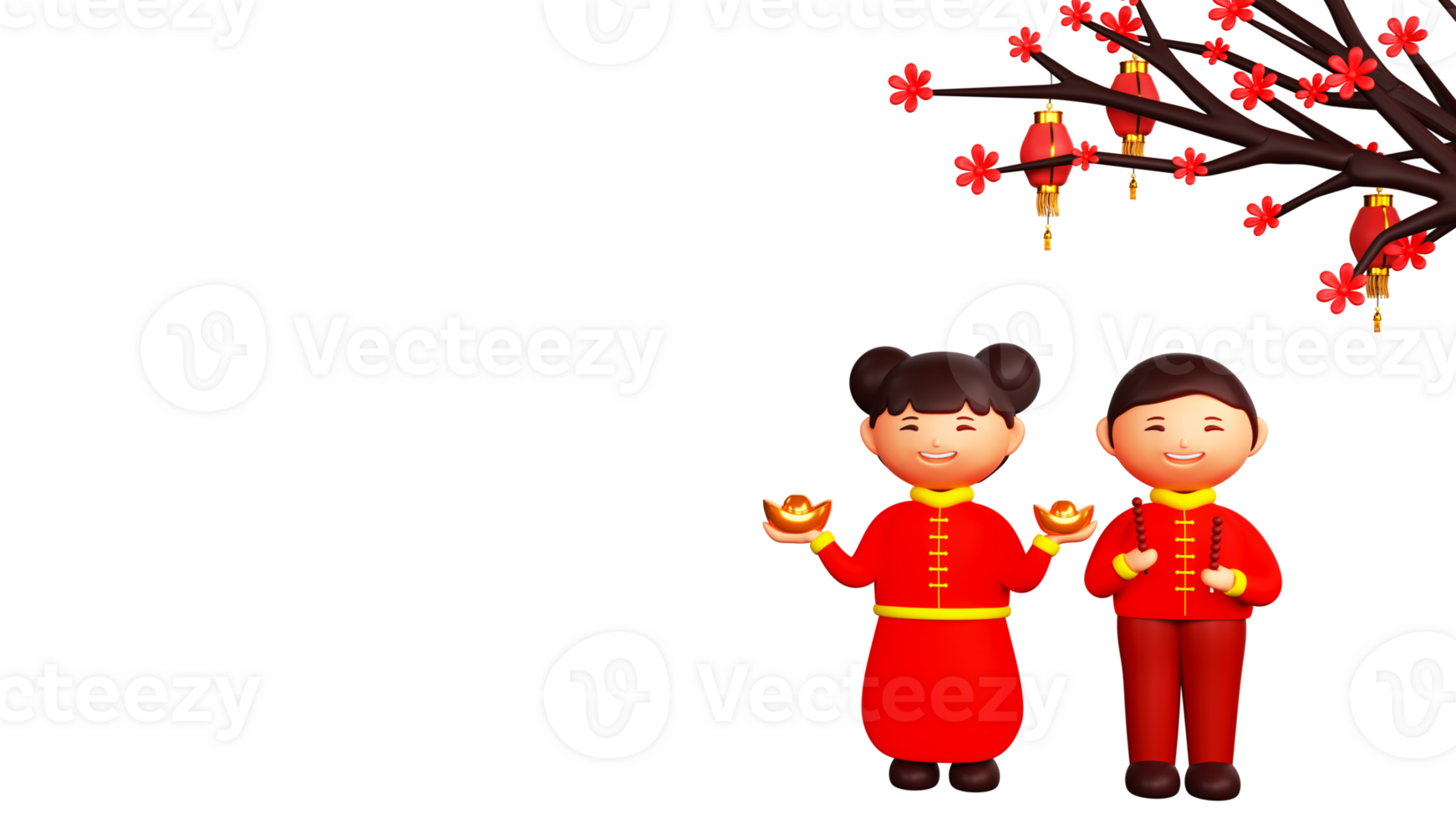 3D Render of Chinese Kids Holding Ingot With Tanghulu Sticks, Traditional Lanterns Hang, Sakura Branch And Copy Space For Chinese New Year Concept. png