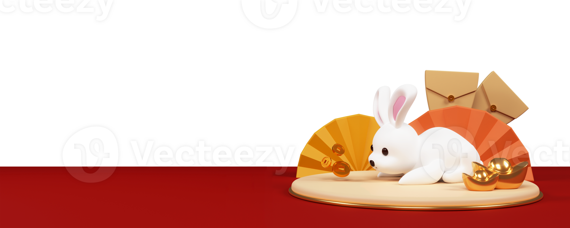 3D Render of Cartoon Rabbit With Qing Dynasty Coins, Ingot, Envelopes, Paper Fans And Copy Space. png