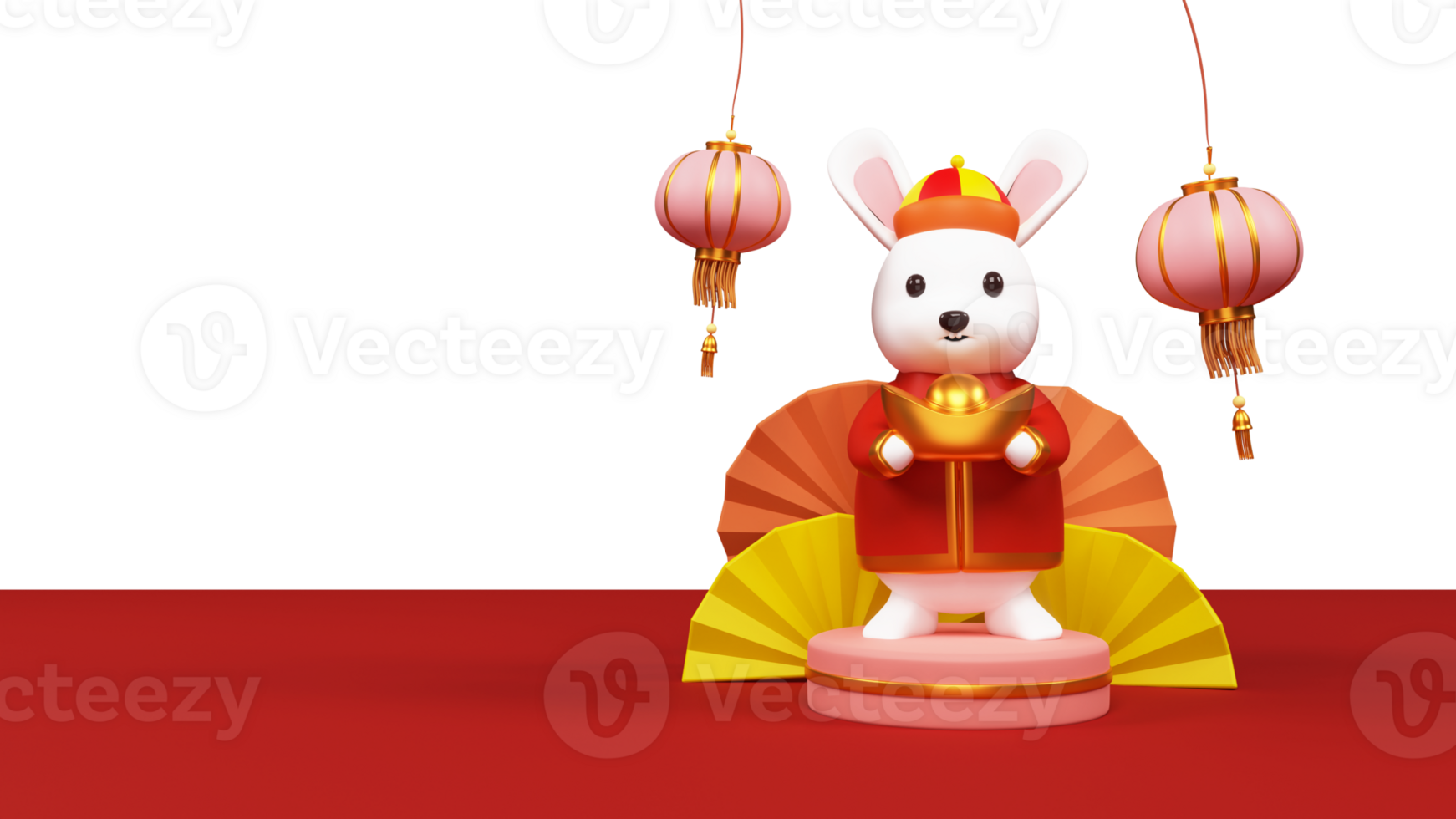 3D Render of Cartoon Rabbit Holding Ingot Over Podium With Hanging Chinese Lanterns, Origami Paper Fans And Copy Space. png