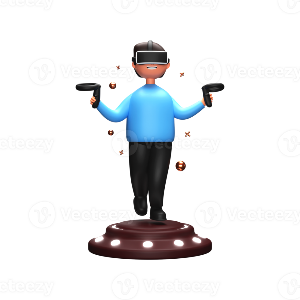 3D Rendering of a Male Charatcer Wearing VR Goggle with Controller Playing in Virtual Environment. Gaming Technology Concept. png
