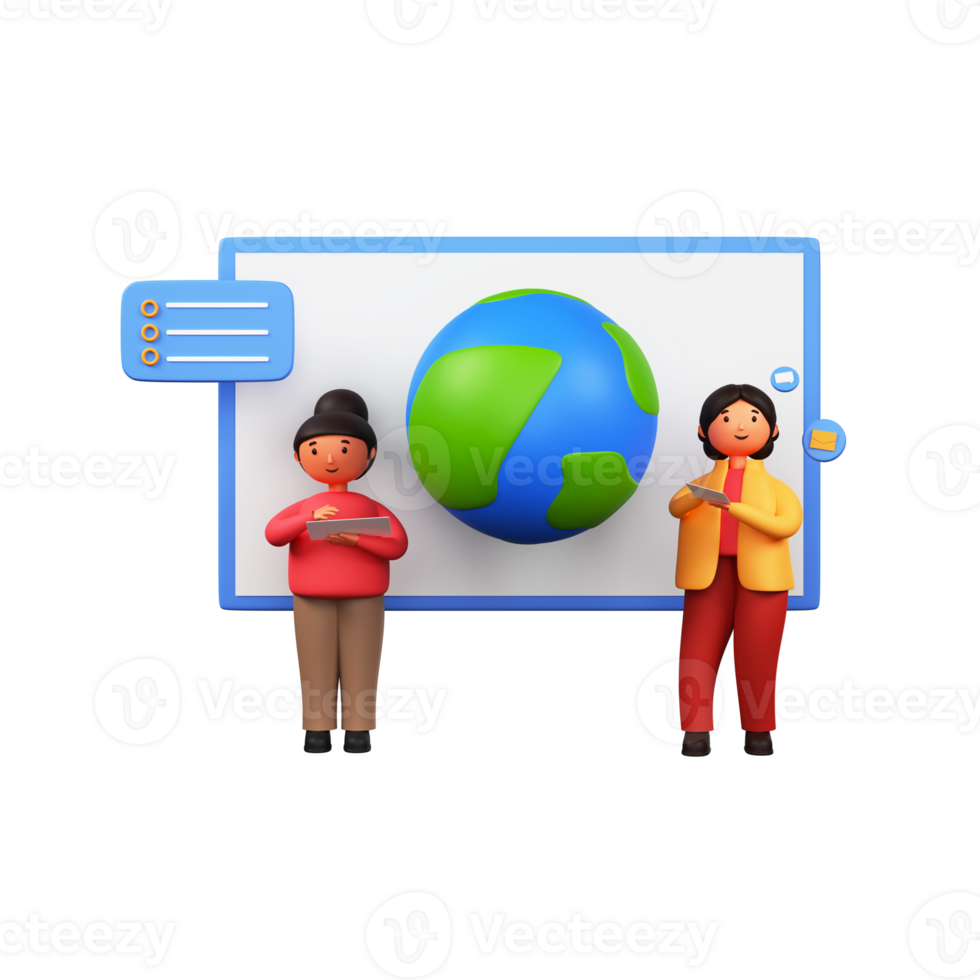 3D Render of Businesswomen Using Tablet With Presenting Earth Globe On Whiteboard Or Display Illustration. png