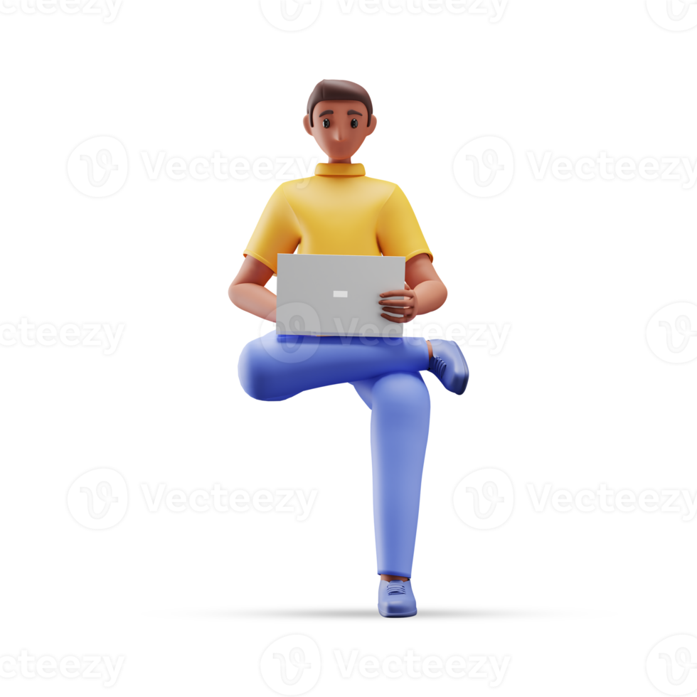 3D Young Man Working With Laptop In Sitting Pose. png