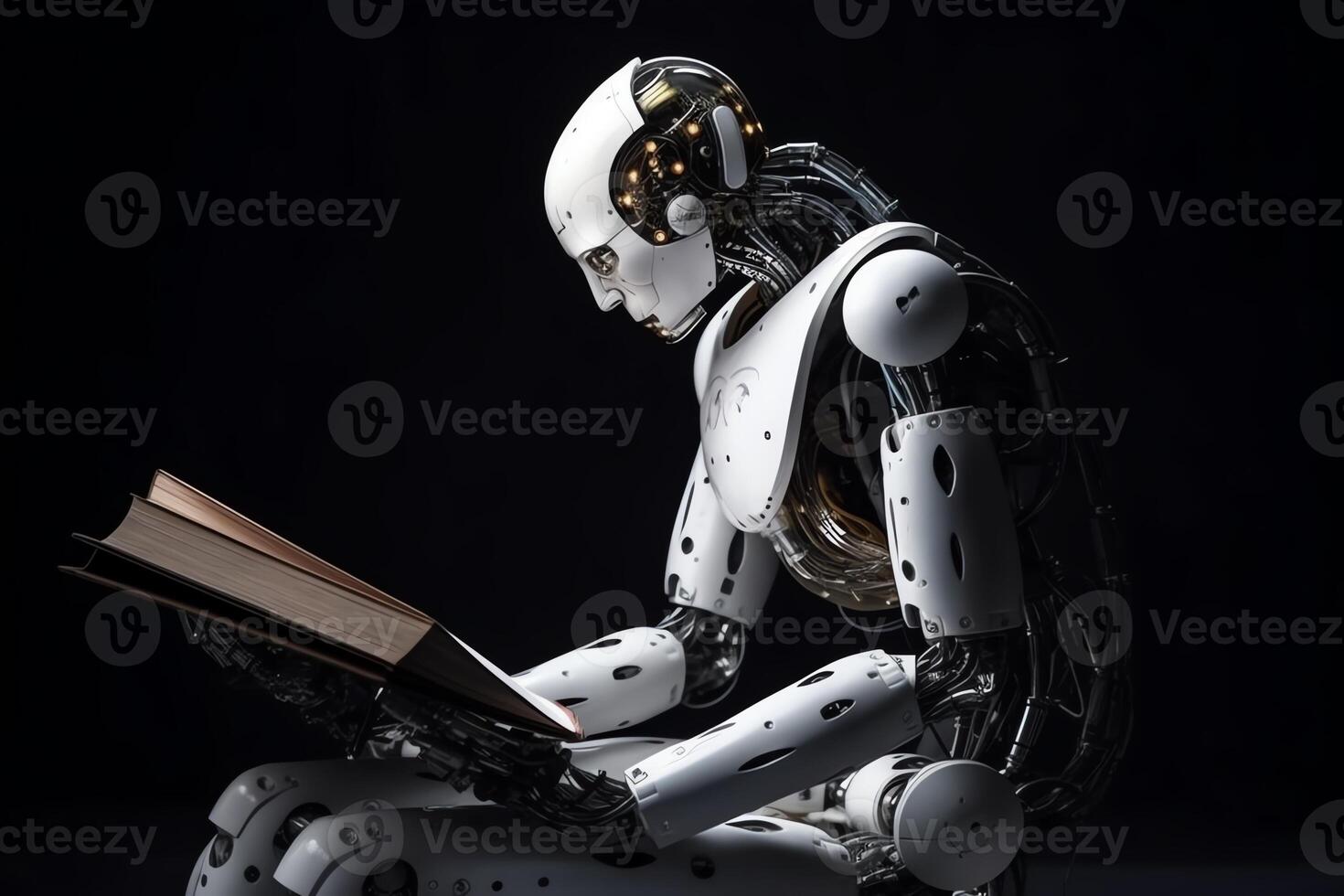 Robotic cyborg pressing robot is sitting and reading a book artificial intelligence banner place text. photo
