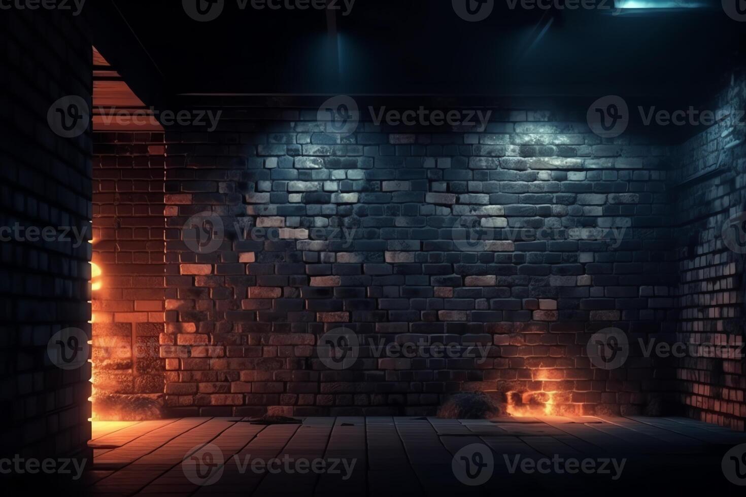 Old brick wall with neon lights dark empty old night street smoke smog textured brick walls 3d illustration. photo