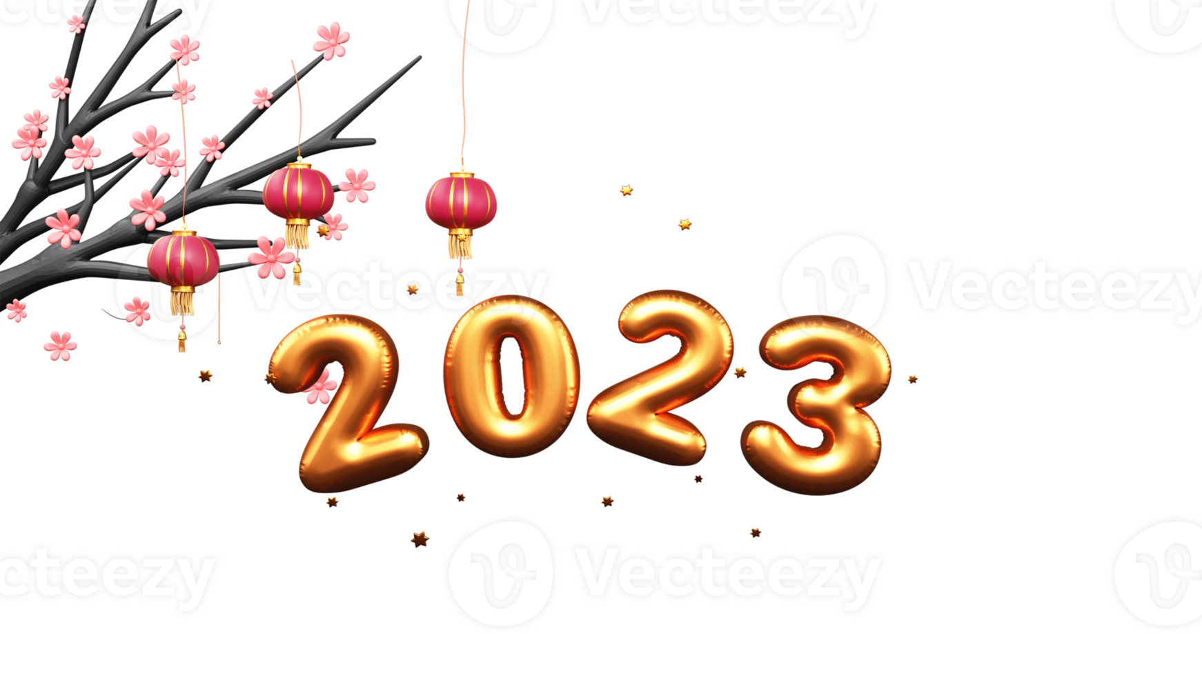3D Golden Balloon 2023 Number With Stars, Traditional Lanterns Hang And Flower Branch For Chinese New Year. png