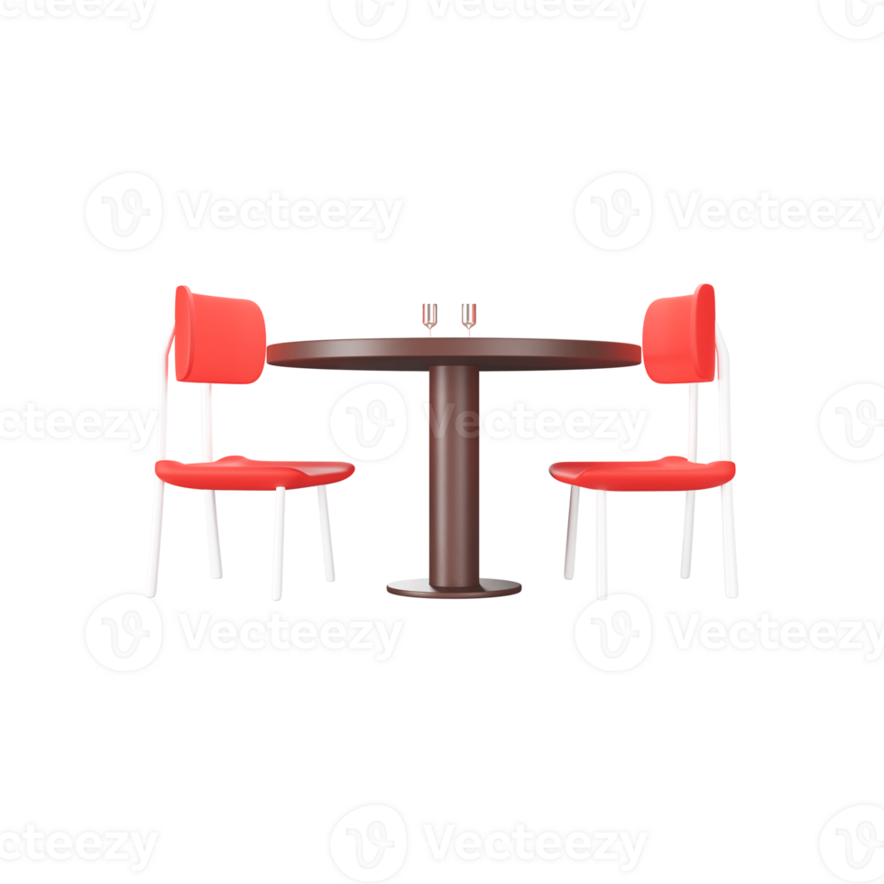 Two Wine Glass On Table With Chair 3D Icon In Brown And Red Color. png