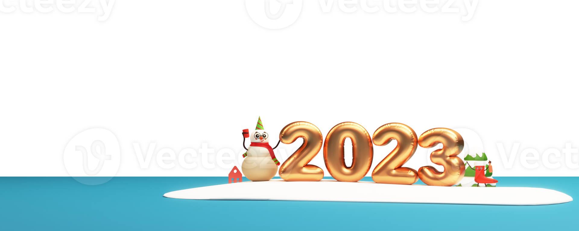 3D Golden Balloon 2023 Number With Snowman Enjoying Drink, House, Funny Santa Sock, Snowy Xmas Tree And Copy Space. png