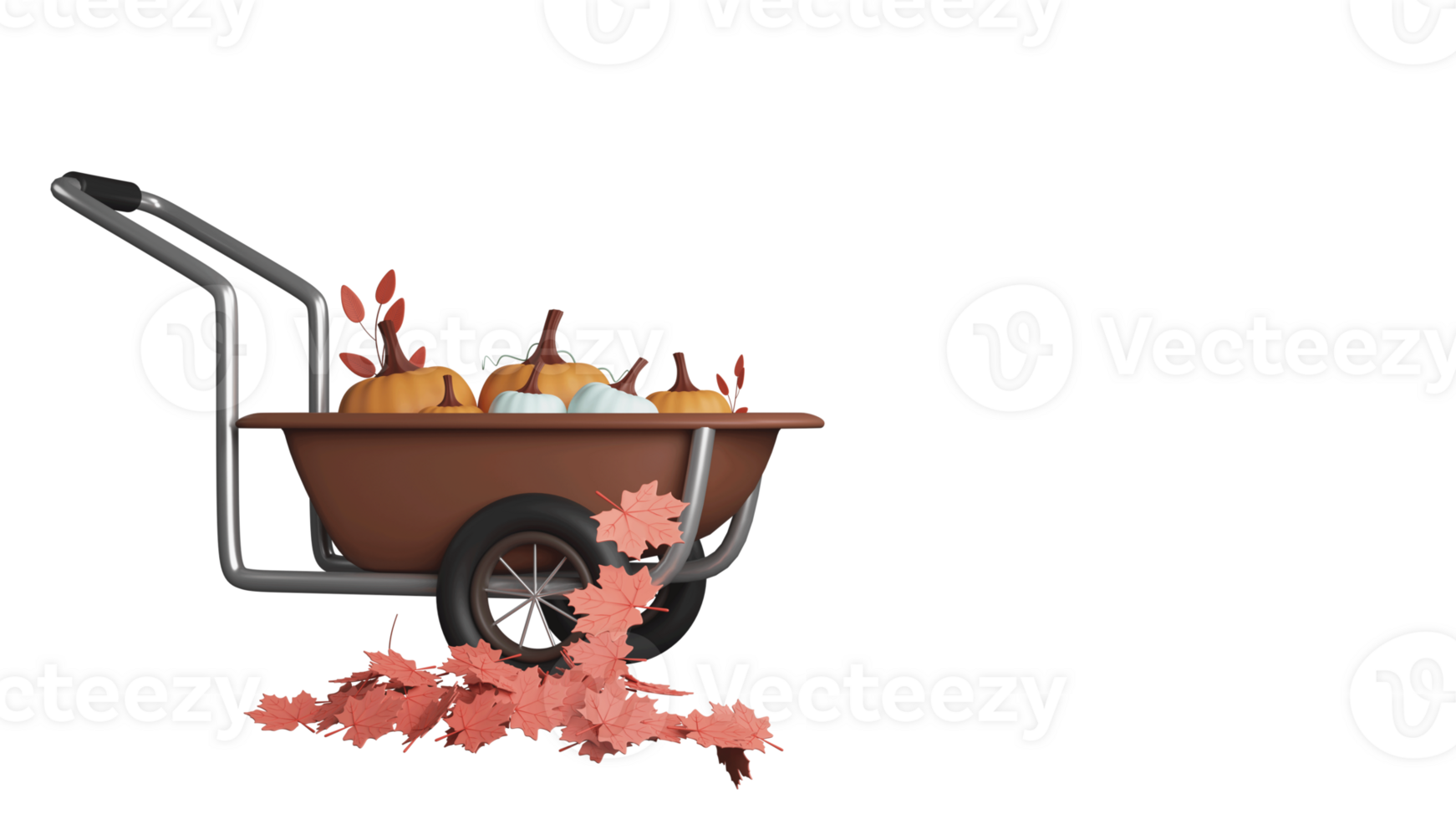 3D Render of Wheelbarrow, Full Of Pumpkins and Autumn Leaves for Thanks Giving Festival Celebrations. png