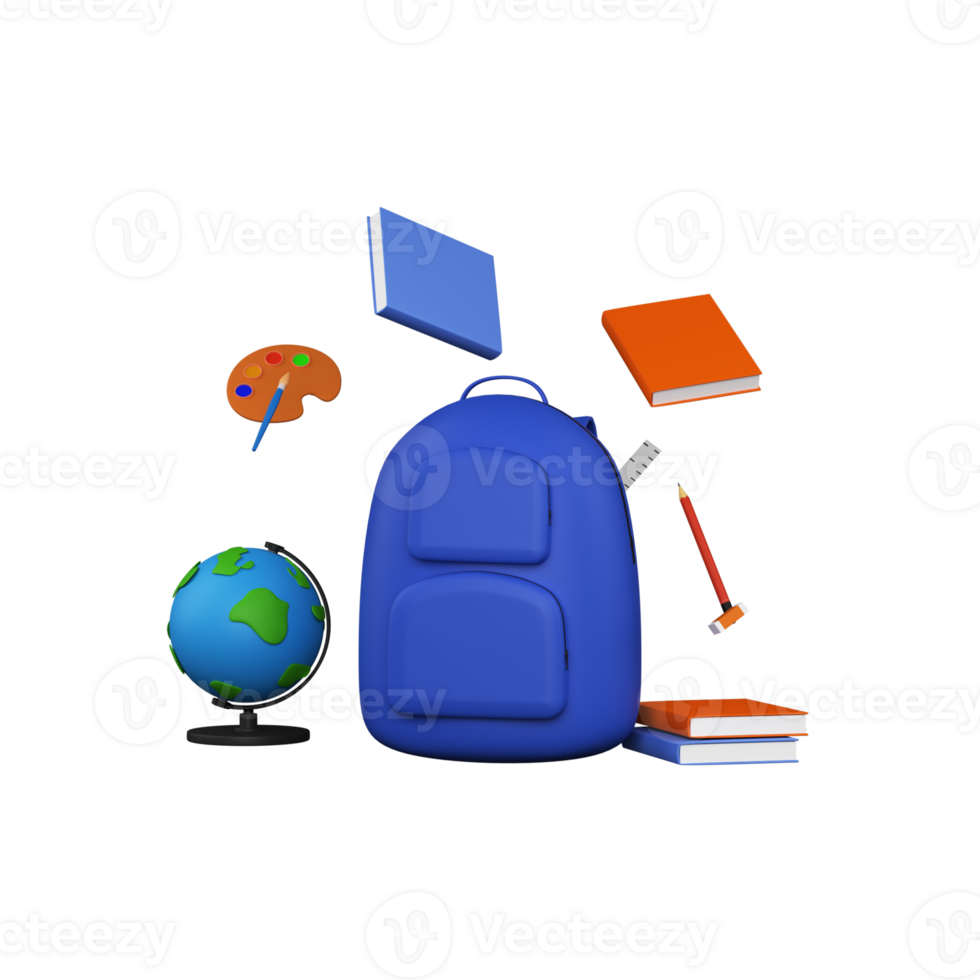 3D Render Of School Supplies, Bag, Books, Colouring Plate and World Map Globe and Space for your text. png