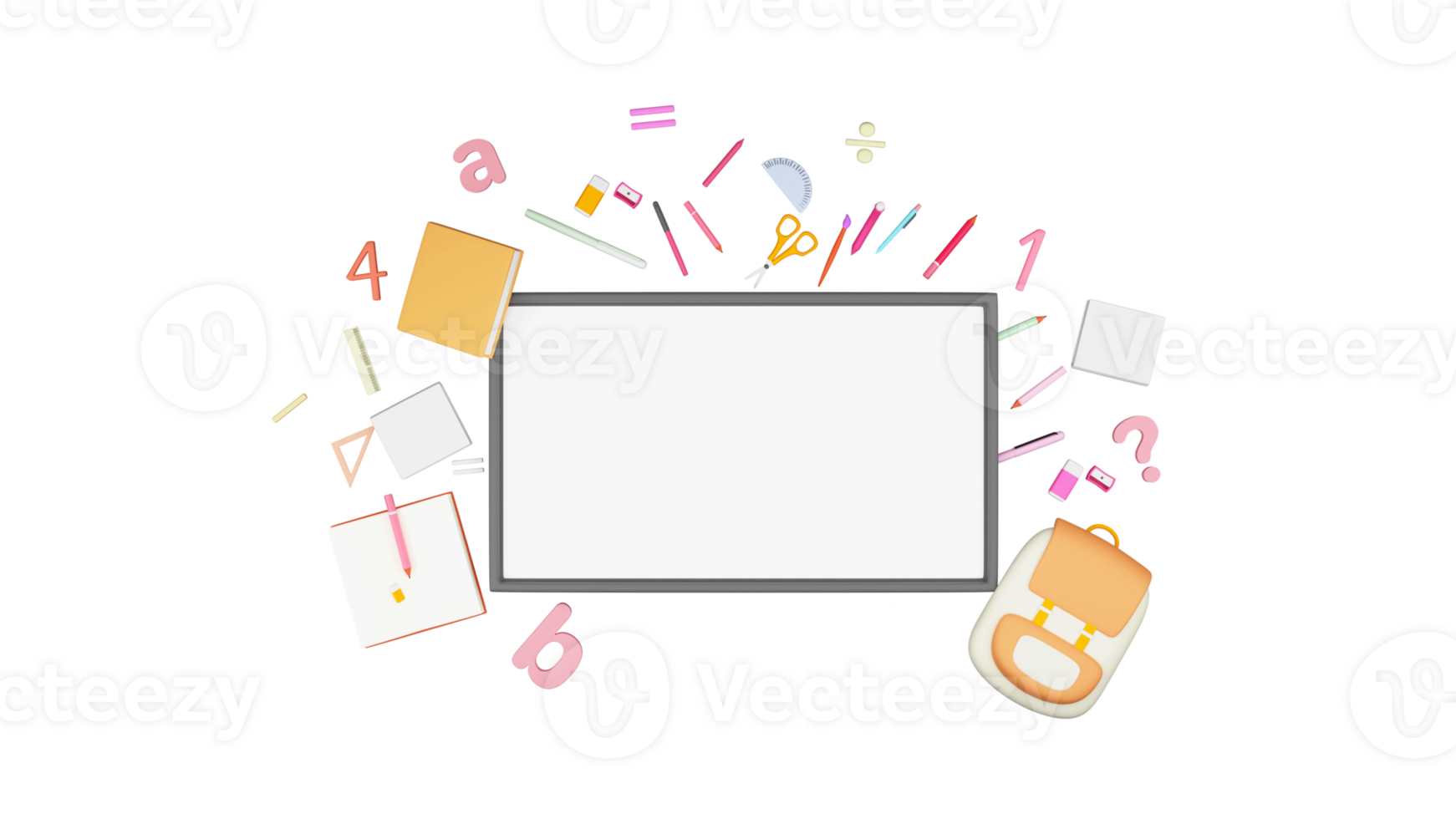 3D Render Of School Supplies, Bag, Books, Alphabets, and Blank Tablet for your Advetisement Purpose. png