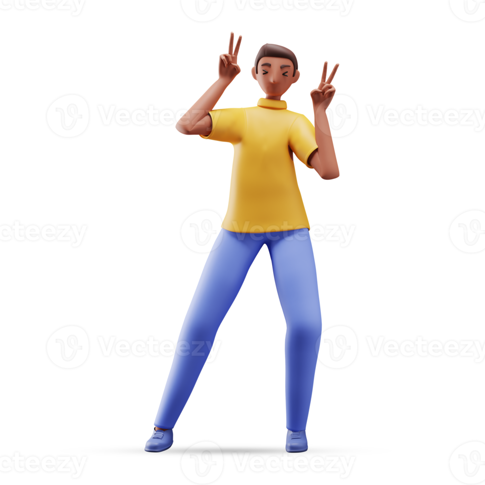 3D Cartoon Young Man Showing Peace Sign In Standing Pose. png