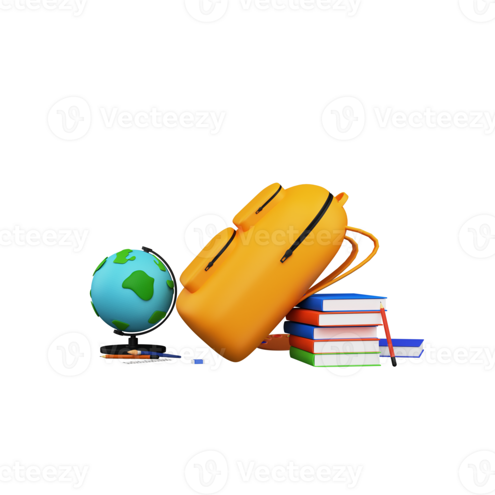 3D Render Of School Supplies, Bag, Books and World Map Globe and Space for your text. png