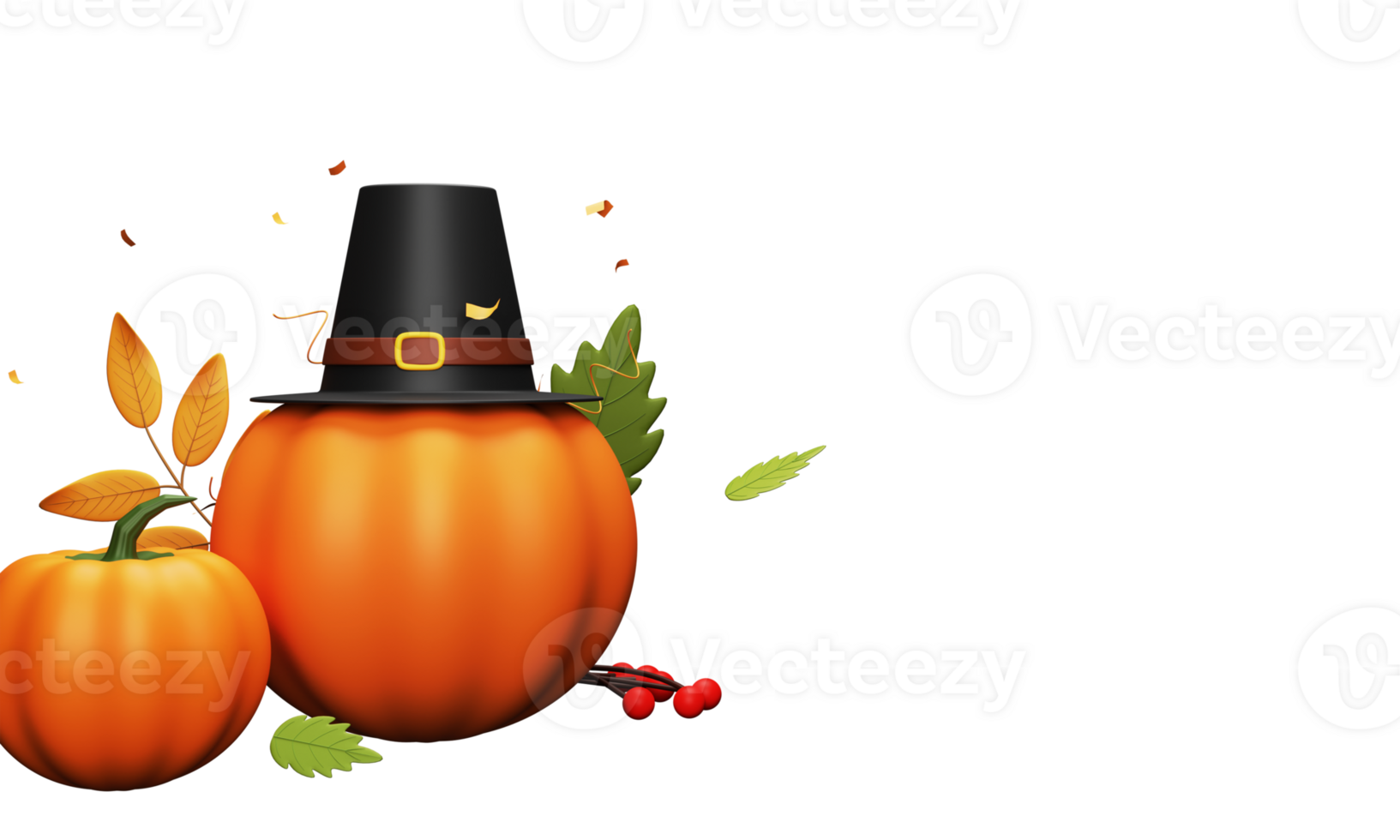 3D Render of Pumpkins with Pilgrim Hat, Autumn Leaves, Berries for Thanksgiving Festival Celebrations. png