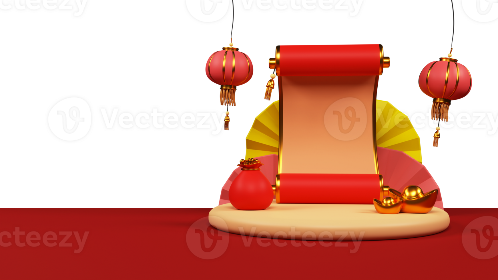 3D Render of Scroll Paper With Chinese Lanterns, Ingots, Coins Bag, Accordion Fold Round Paper And Copy Space. png